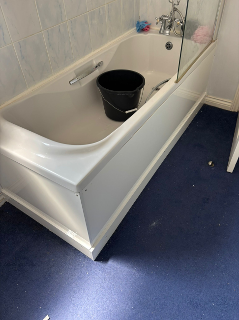 Bathtub and bath panel installed in bathroom with vinyl flooring