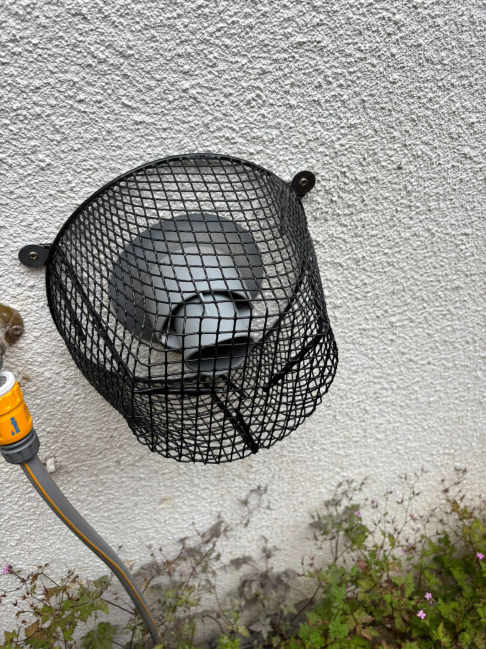 External drainage outlet protected with wire cage guard